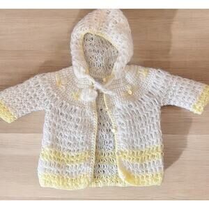 VINTAGE Knit Crochet Yellow White Infant Sweater Hood Newborn Doll Acrylic